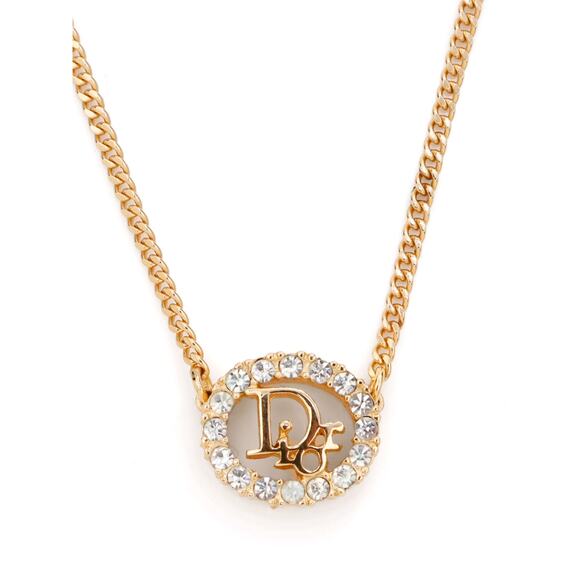 Dior Gold Toned Oval CD Rhinestone Pendant Necklace - Picture 1 of 5